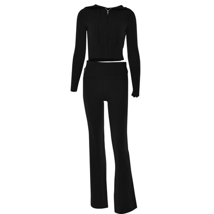 Knitted Hooded Suits Women's High Waist Long Sleeves Trousers Two-piece Set