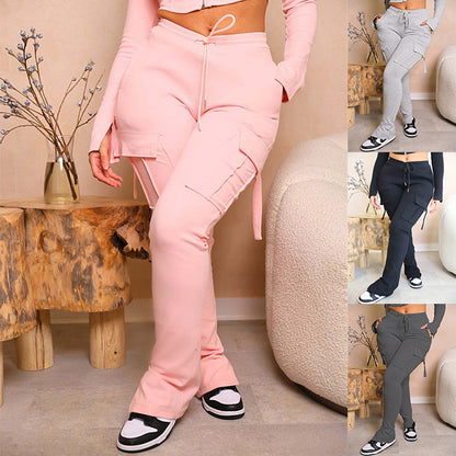 Set For Women, Tops & Cargo Pants With Pockets High Waist Drawstring Wide Leg Straight Trousers.