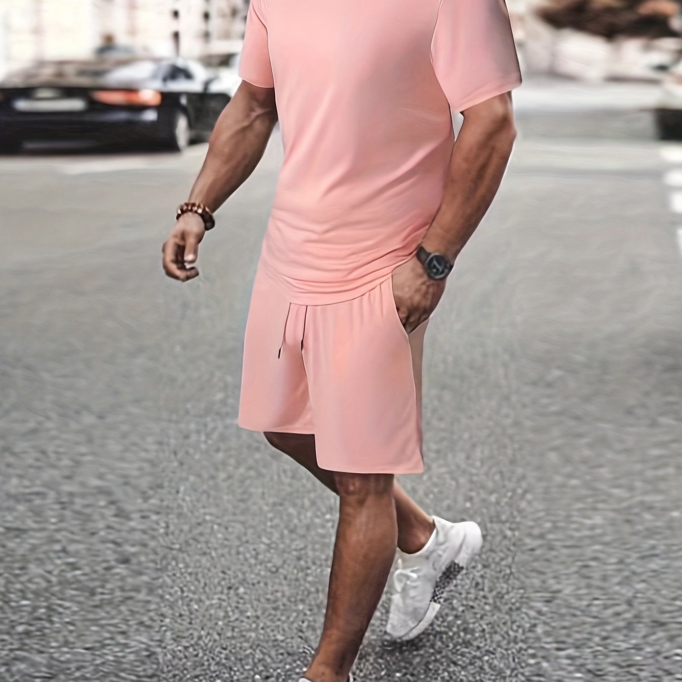 Men's Outfit, Solid Casual Crew Neck Short Sleeve T-Shirt & Drawstring Shorts 2-piece Set For Summer Outdoor Activities