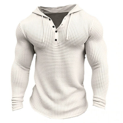 Men's Waffle Button Hoodie T-shirt Top Vacation Long Sleeve Casual Fashion