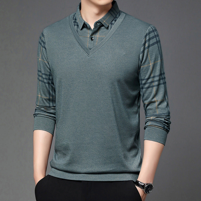 Men Fake Two-piece Lapel Long-sleeved Men's T-shirt