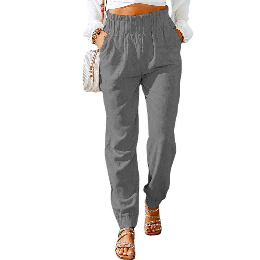 New Casual Pants European And American Ruffled Elastic Belt High Waist Trousers