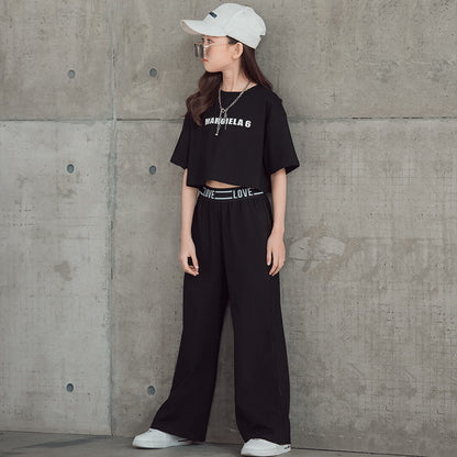 Summer New Medium And Large Children's Western Style Internet Celebrity Short Sleeve Wide Leg Pants Two-piece Set