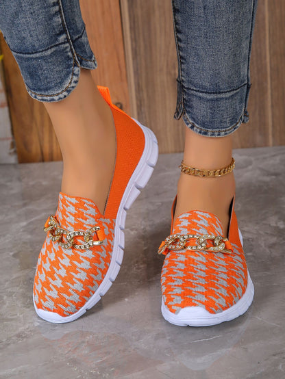 Casual Houndstooth Print Chain Mesh Shoes Summer Walking Sports Flat Shoes Women Breathable Loafers