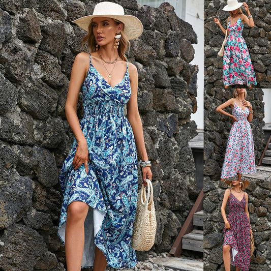 Fashionable Deep V Printed Slip Dress Summer