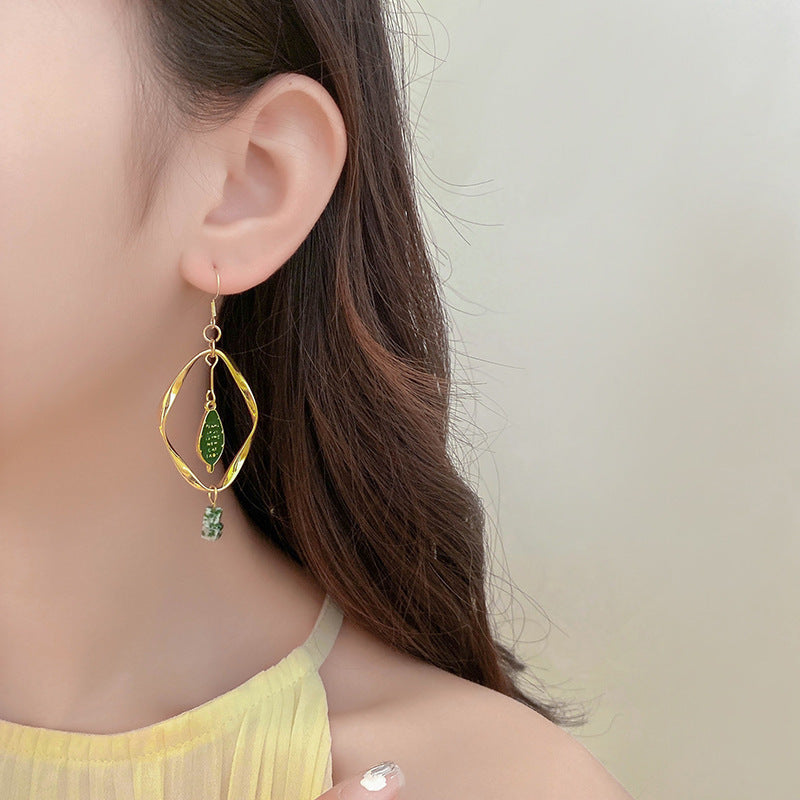 Retro Mori Style Green Bird Earrings Geometric Leaf Ear Clip