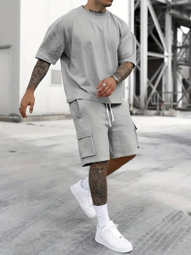 Men's Outfit, Solid Casual Loose Crew Neck Short Sleeve T-Shirt & Drawstring Shorts With Multi Pockets 2-piece Set For Summer Outdoor Activities