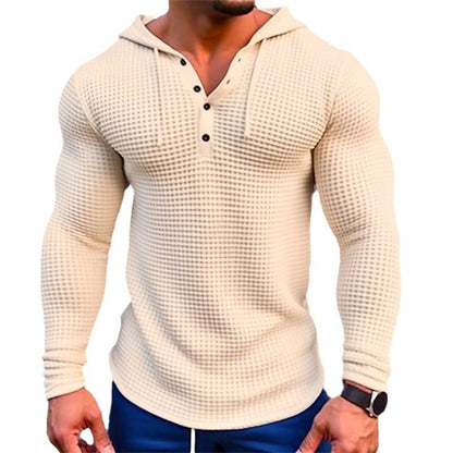 Men's Waffle Button Hoodie T-shirt Top Vacation Long Sleeve Casual Fashion