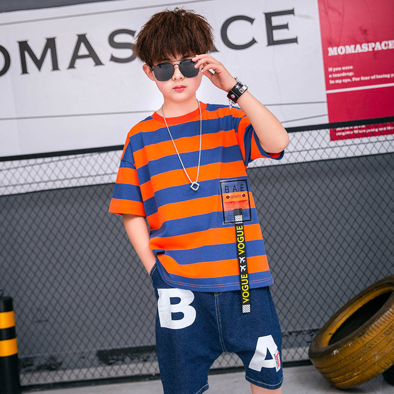 Tide Brand Korean Version Of The Big Boy Pure Cotton Fat Boy Striped Children's Loose Children's Clothing