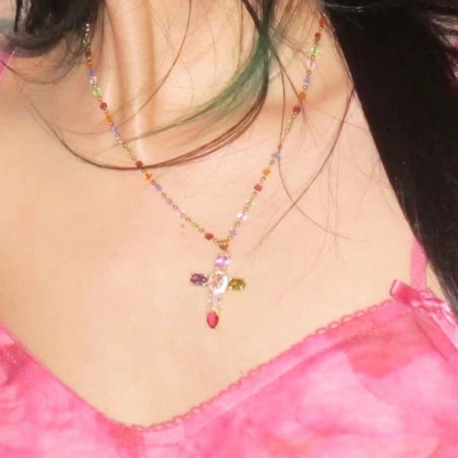 Color Zircon Cross Necklace Clavicle Chain