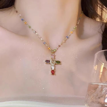 Color Zircon Cross Necklace Clavicle Chain