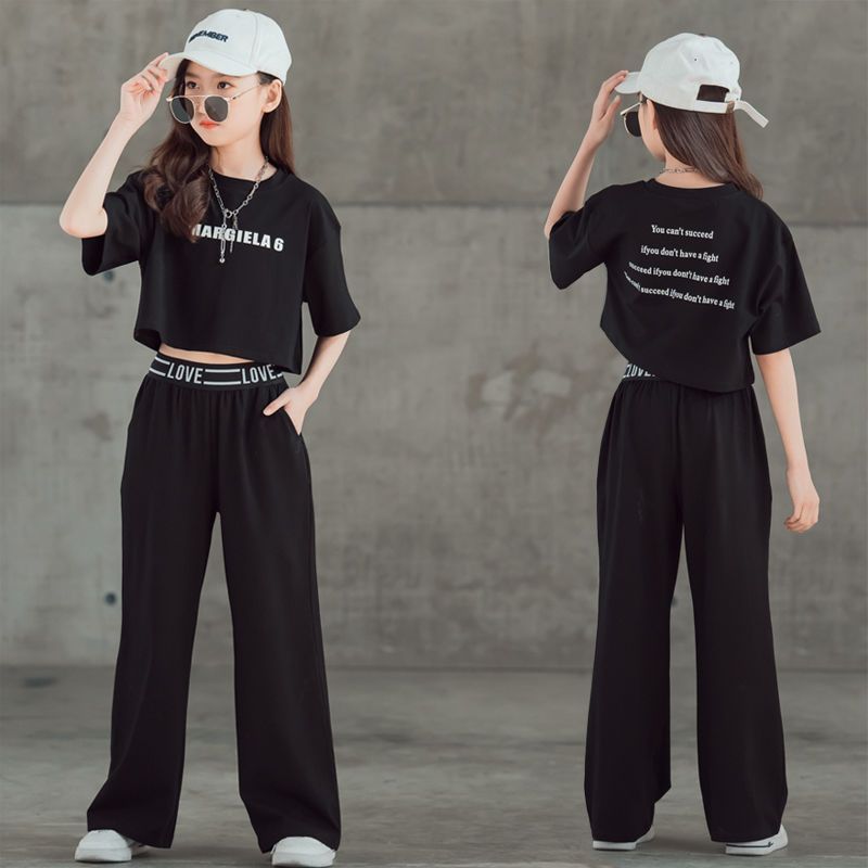 Summer New Medium And Large Children's Western Style Internet Celebrity Short Sleeve Wide Leg Pants Two-piece Set