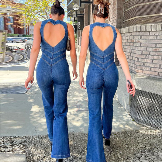 Summer Slim Heart-shape Backless Denim Jumpsuit Women Halter Neck Zip Up High Waist Panst Retro Style Clothing