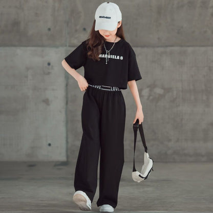 Summer New Medium And Large Children's Western Style Internet Celebrity Short Sleeve Wide Leg Pants Two-piece Set