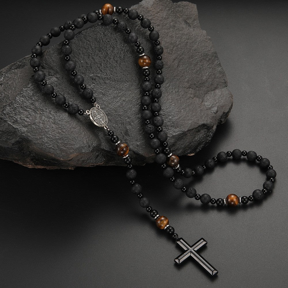 Natural Stone Black Volcanic Rock Yellow Tiger Eyes Iron Stone Cross Necklace