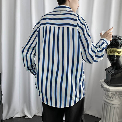 Hong Kong Style Color Block Striped Long-sleeved Shirt