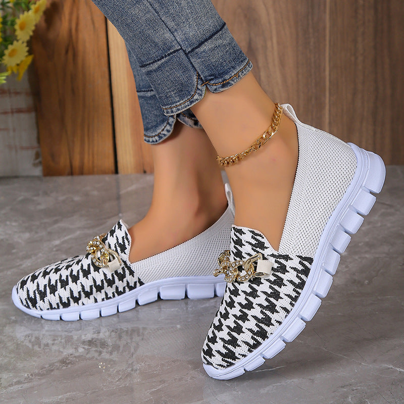 Casual Houndstooth Print Chain Mesh Shoes Summer Walking Sports Flat Shoes Women Breathable Loafers