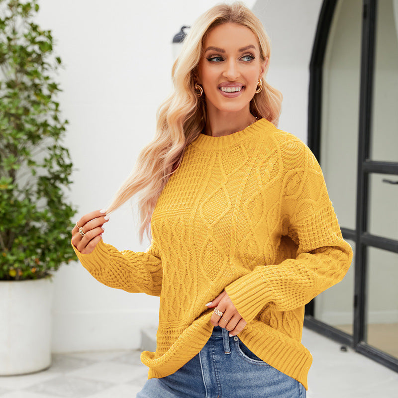 Casual Round-neck Pullover Sweater Fall Winter Solid Color Cable-knot Pattern Tops Women Clothing