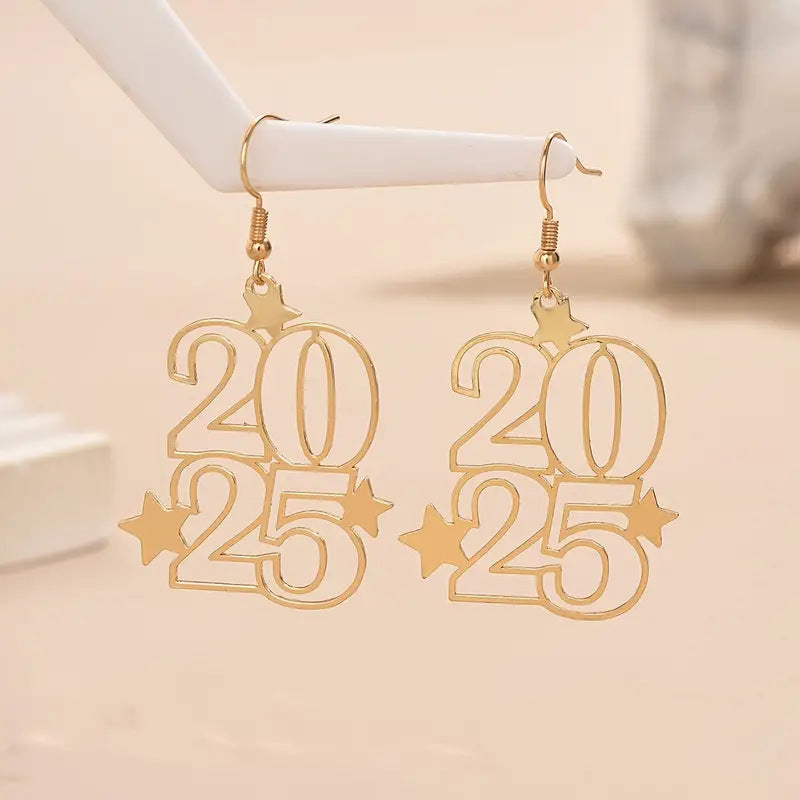 New Creative Gloden Number 2025 Dangle Earring For Women Fashion Jewelry New Year Earring For Party