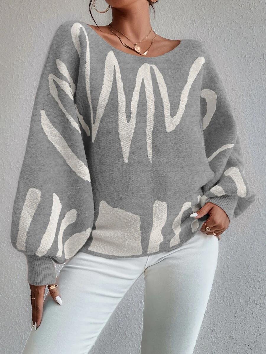 New Lantern-sleeved Pullover Sweater Fashion Line Printed Loose Tops Women's Clothing