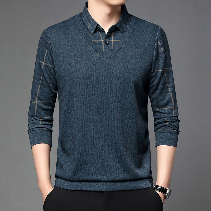 Men Fake Two-piece Lapel Long-sleeved Men's T-shirt