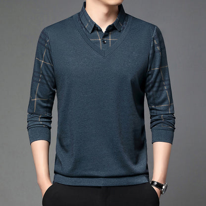 Men Fake Two-piece Lapel Long-sleeved Men's T-shirt