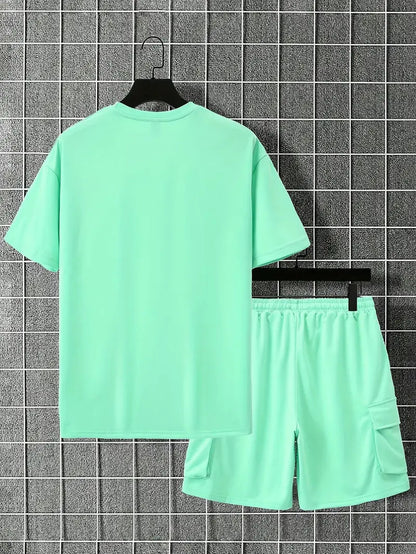 Men's Outfit, Solid Casual Loose Crew Neck Short Sleeve T-Shirt & Drawstring Shorts With Multi Pockets 2-piece Set For Summer Outdoor Activities