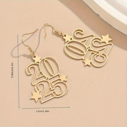 New Creative Gloden Number 2025 Dangle Earring For Women Fashion Jewelry New Year Earring For Party