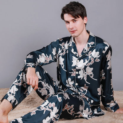 Men's Pajamas Silk Spring Long Sleeve New Print Cardigan Spring And Autumn Leisure Ice Silk Home Wear Suit