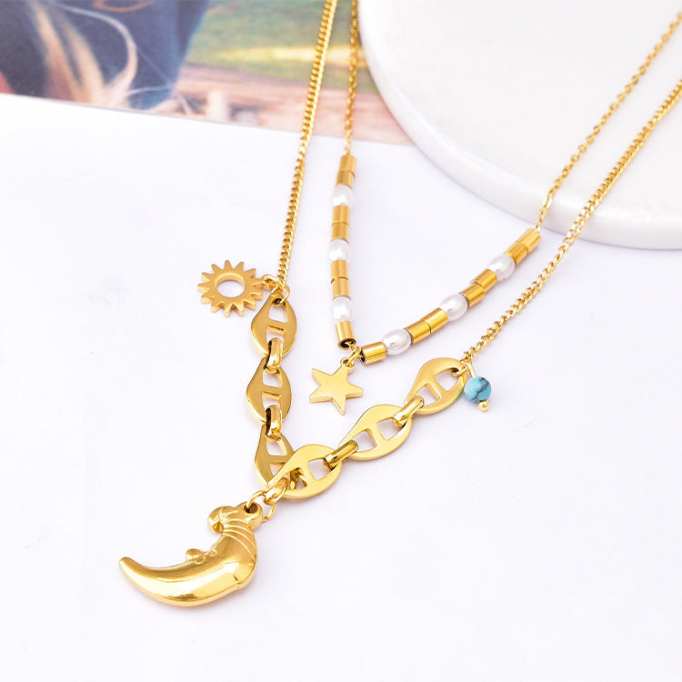 Good Night Moon Clavicle Chain Pearl XINGX Double-layer Pendant Necklace