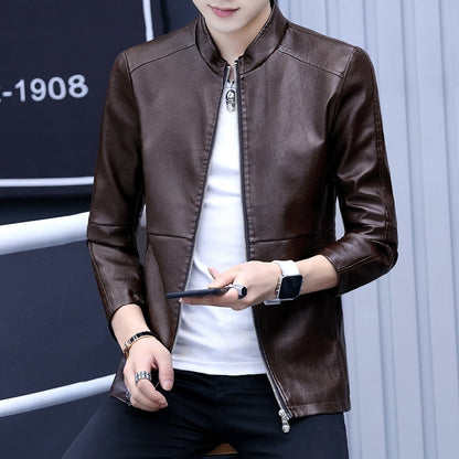 Men's Stand Collar PU Motorcycle Leather Jacket