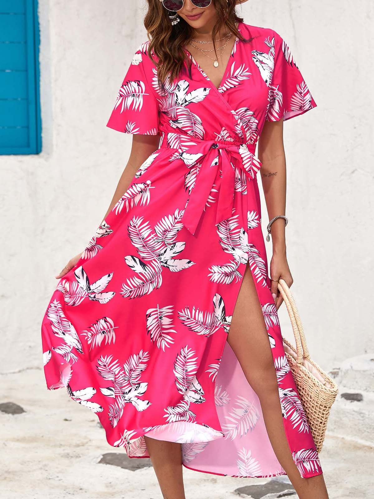 Summer Floral Print Slit Midi Dress