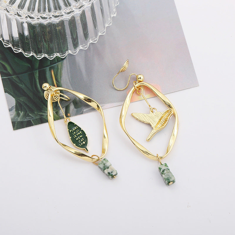 Retro Mori Style Green Bird Earrings Geometric Leaf Ear Clip