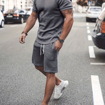 Men's Outfit, Solid Casual Crew Neck Short Sleeve T-Shirt & Drawstring Shorts 2-piece Set For Summer Outdoor Activities