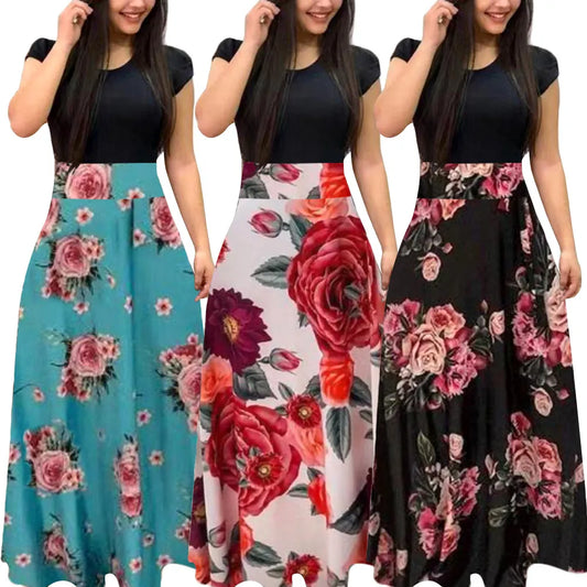 Women Elegant Floral Patchwork Maxi Dress - Short Sleeve For Spring/Autumn