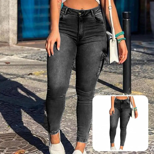 Women's Popular Denim Distressed Skinny Cargo Jeans with Zipper Cuffs