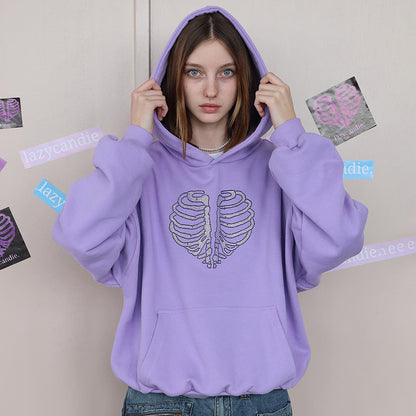 Trendy Skeleton Rhinestone Loose Hooded Sweater