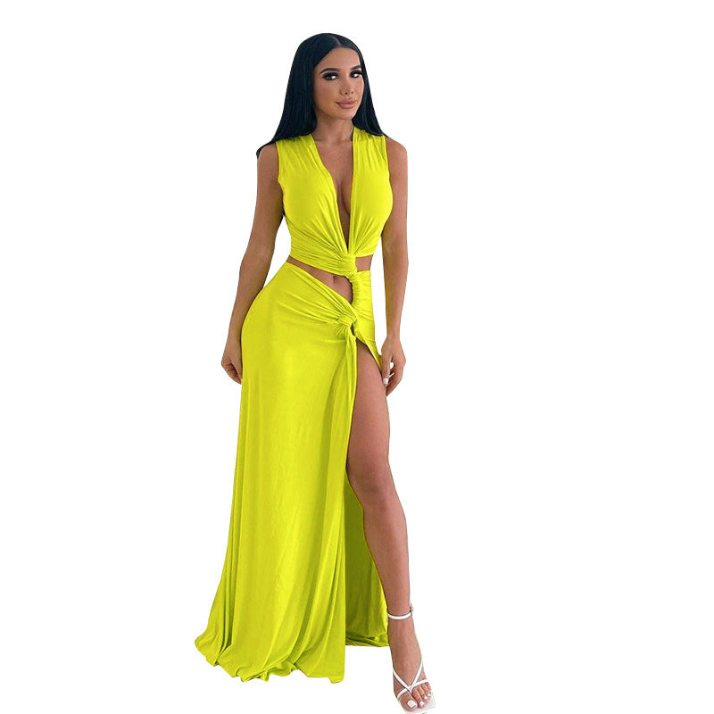 Women's Fashion Solid Color Deep V-neck Hollow-out Slim Length Dress