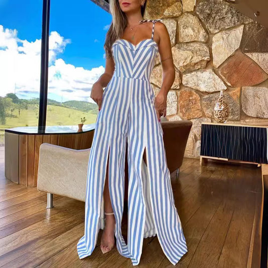 Women's Summer Lace-up Slit Striped Jumpsuit