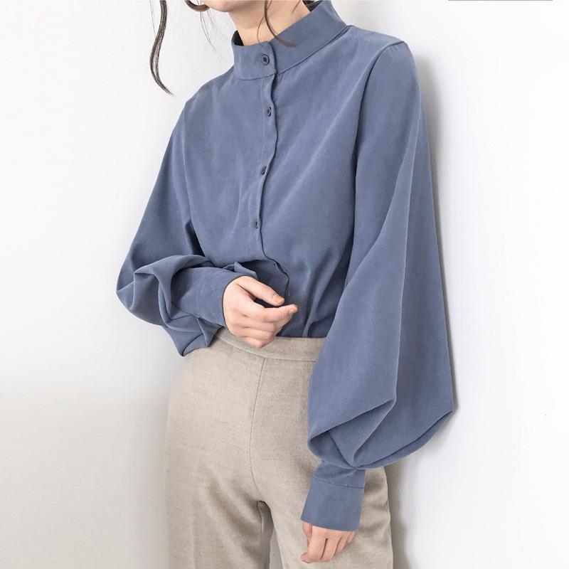 Black stand-up collar shirt women's design sense niche lantern sleeve top clothes