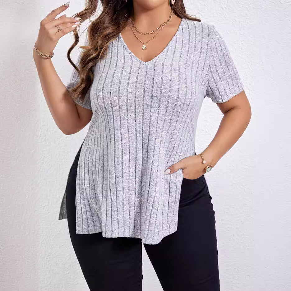 Solid Color Plus Size Top V-neck Short Sleeve Split Sunken Stripe