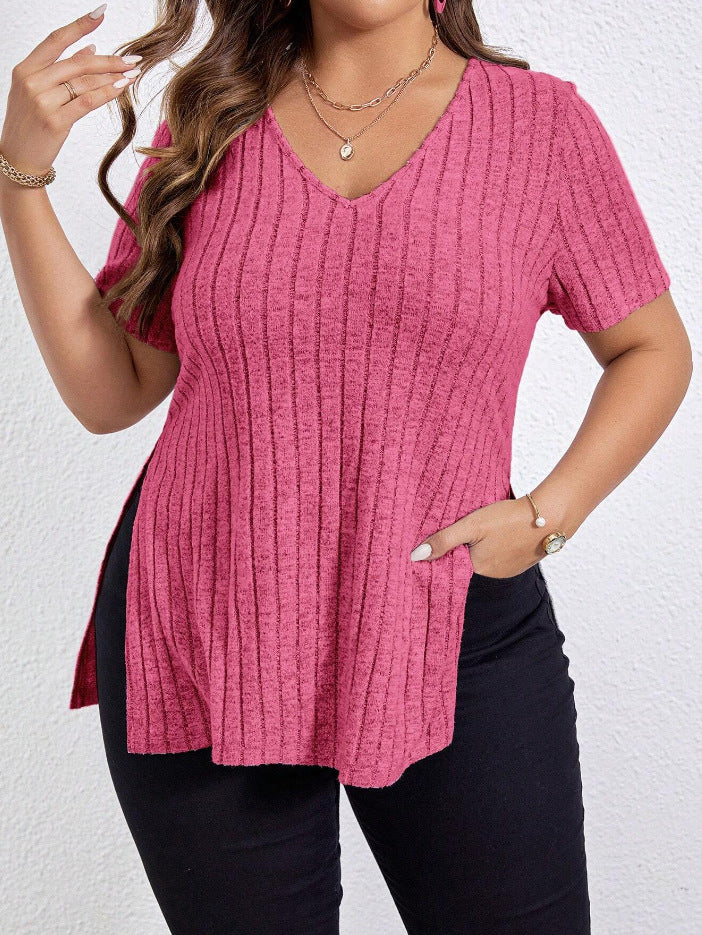 Solid Color Plus Size Top V-neck Short Sleeve Split Sunken Stripe