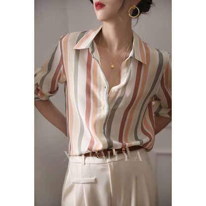 Carefully selected satin striped shirt tops for women long-sleeved autumn design niche retro satin shirts for women to look slim