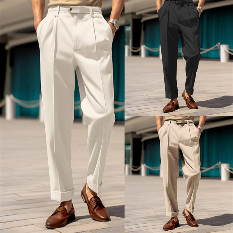 Men's Casual Trousers Comfortable Mid-waist Button Straight Suit Pants