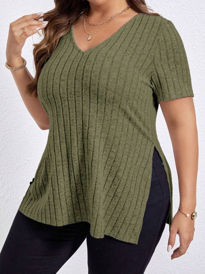 Solid Color Plus Size Top V-neck Short Sleeve Split Sunken Stripe