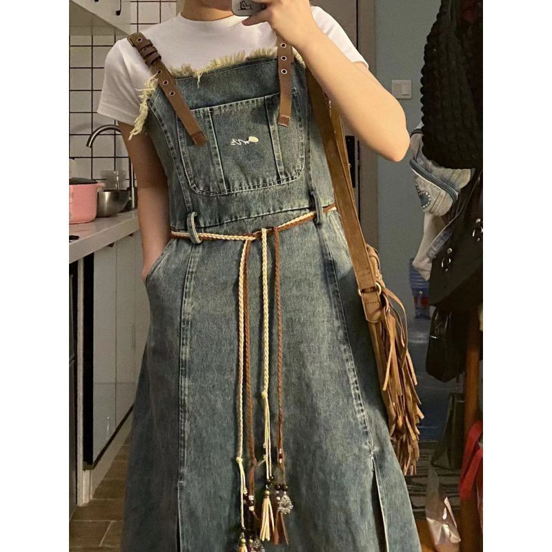 Retro Washed Raw Edge Denim Suspender Skirt