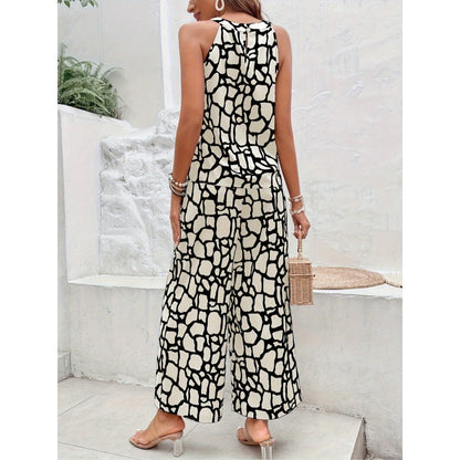 Sleeveless Printed Waist-controlled Lace-up One-piece Trousers