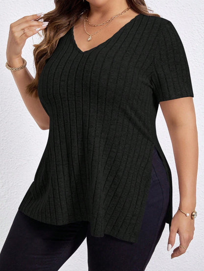 Solid Color Plus Size Top V-neck Short Sleeve Split Sunken Stripe