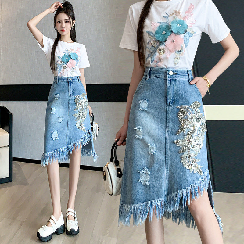 Ripped Flower Asymmetric Skirt Mid-length