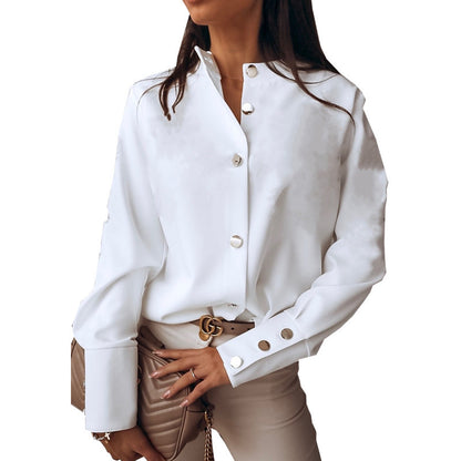 2024 Spring New European and American Women's Clothing Shirt Button Solid Color Commute Style round Neck Shirt